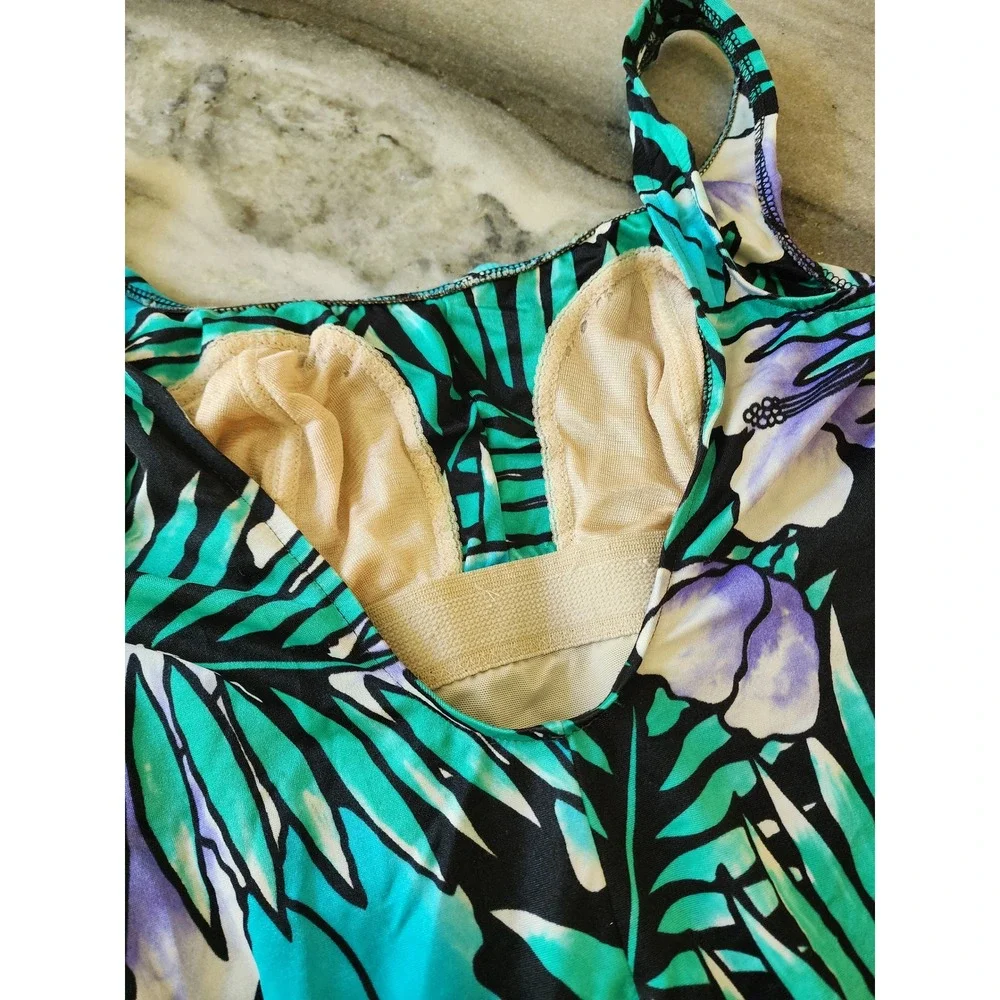 Vintage Robby Len Tropical Floral Swimdress One Piece Teal Purple USA Made